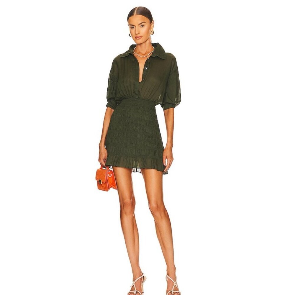 Frame Smocked Shirt Dress Fatigue Green Puff Sleeve Size L